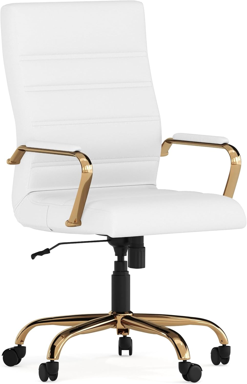 Flash Furniture Whitney Mid-Back Swivel LeatherSoft Desk Chair with Padded Seat and Armrests, Adjustable Height Padded Office Chair, 27"D x 26"W x 43"H, White/Gold