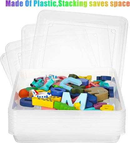 Maitys 15 Pcs Flat Plastic Trays 16.1 x 11.8'' Sensory Storage Tray Paper Stackable Classroom Bins for Office Home Organizer Arts and Crafts Supplies(Clear)