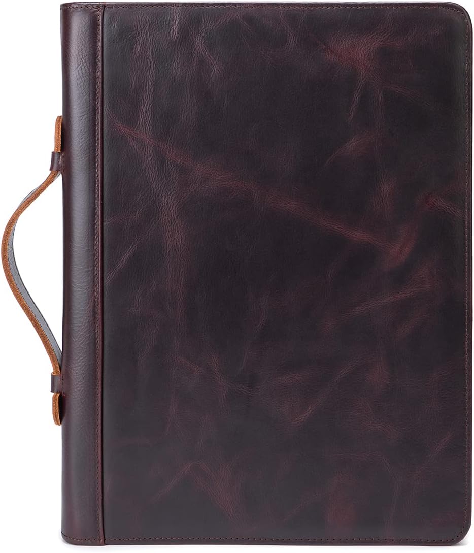 Genuine Leather Portfolio 3 Ring Binder with Clipboard, Hidden Handle, 8.5 x 11 Zippered Padfolio, Business Organizer Professional Executive Folio for Men and Women, Dark Brown, Oil Tanned