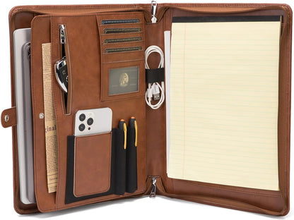 Personalized Vegan Leather Portfolio, Legal Size 8.5 x 14 Pad Holder, Custom Business Padfolio for Men Women, Zippered Laptop Organizer, Professional Notepad Folio, Brown