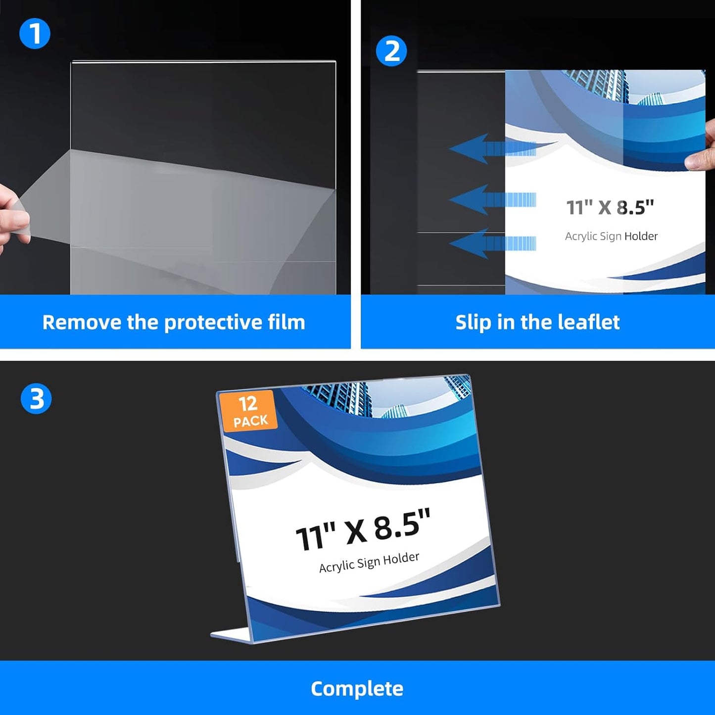 12 Pack L Shape Slanted Back 11x8.5 Plastic Sign Holders with Anti-Slip Pads, Business & Store Acrylic Tabletop Display Stand for Flyers, Menus, Documents, Price, Promotions, Wedding, Party Decoration