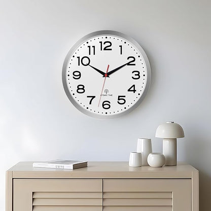 Atomic Wall Clock 12 Inch, Modern Clock Battery Operated Classic Analog Decorative for Kitchen, Living Room, Office, Bedroom, Bathroom (Silver)