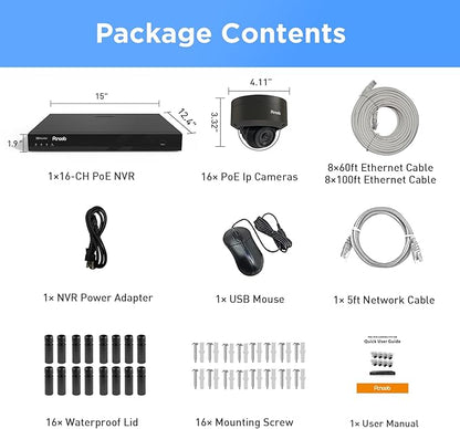 16 Channel Security Camera System 4K PoE, 16x 8MP IK10 Vandal Proof Dome Camera w/Smart Human Vehicle Detection, Wired IP Camera Outdoor Built-in Mic, 4K 8MP 16CH NVR 4TB HDD, PD54B1616-8M