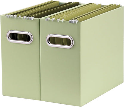 Oterri File Organizer, 2 Packs Small Storage Box, Cardboard File Folder Organizer, Collapsible File Box for Hanging File Folders Letter Size, Portable Filing Organizer with Handle (Green)