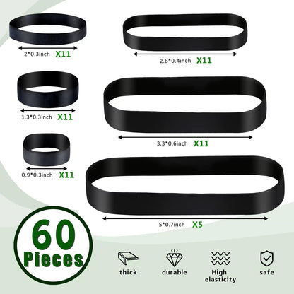 60 Mixed Count Heavy Duty Rubber Bands 6 Size Black Thick Wide Rubber Bands Assorted Size for Hiking Camping Survival Sports Supplies (Black)