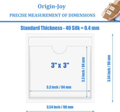 Origin-Joy 35 PCS Self Adhesive Index Card Pockets with Top Open, Clear Plastic Label Holder for Cards of Note, Library and Business, Adhesive Label Pockets & Card Holder (3 x 3 inch)