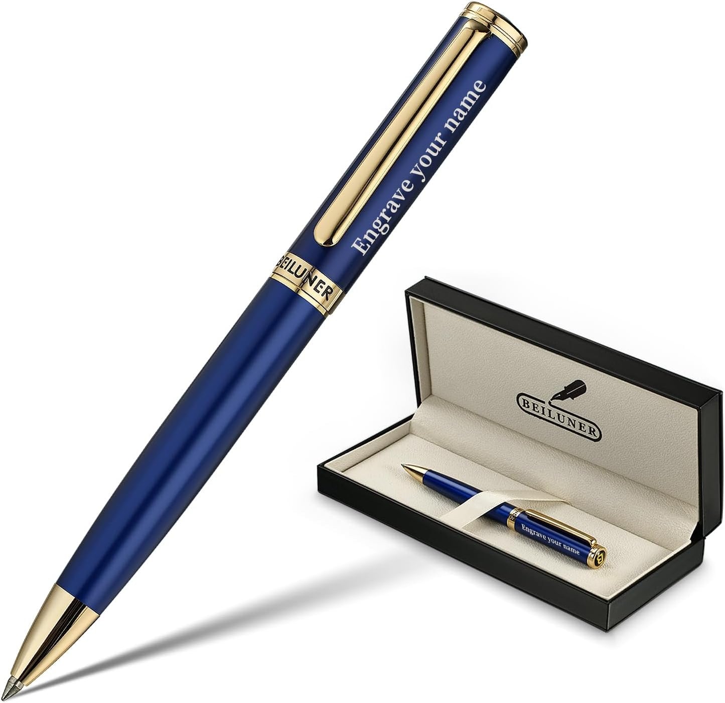 BEILUNER Personalized Blue Lacquer Gel Pen - Stunning Luxury Pen with 24K Gold Finish, ADMOK Black Refill, Executive Gift Set for Family & Friends, Writing, Fancy, Office, Retractable Pens