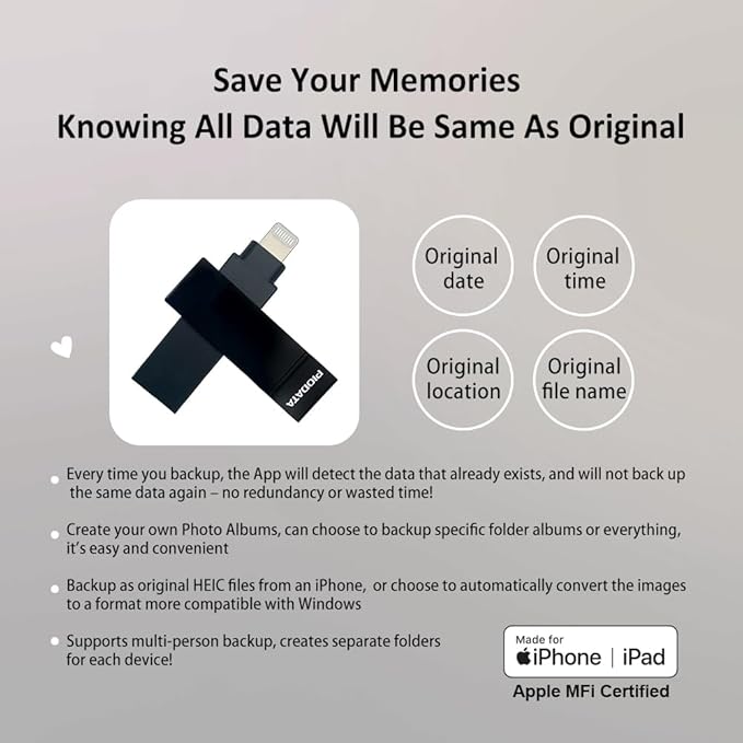 128GB Apple MFi Certified Black iXflash Backup Photo Stick 2-in-1 USB Type A & Lightning, USB for iPhone, iPad, External Photo Storage for iPhone and Computer