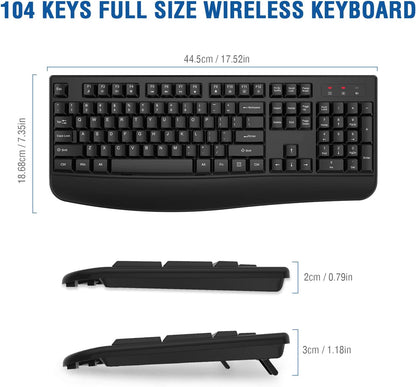 EDJO Wireless Keyboard, 2.4G Ergonomic Full Size Wireless Computer Keyboard with Wrist Rest for Windows, Mac OS Desktop/Laptop/PC（Black）