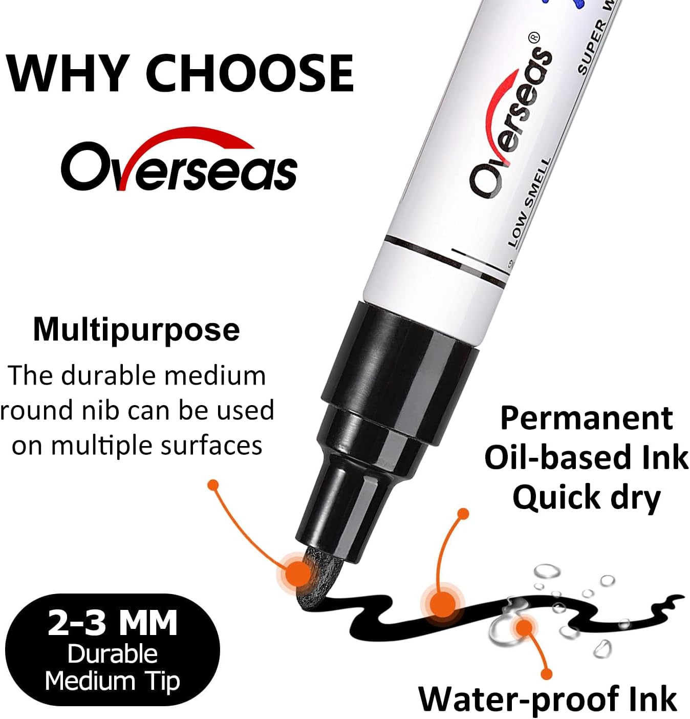 Overseas 48 Black Paint Pens, Oil Based Permanent Markers Set - Quick Drying, Waterproof, Fade-Resistant, Medium Tip Paint Markers Bulk for Wood, Metal, Rock, Ceramic, Plastic, Canvas, Glass, Rubber
