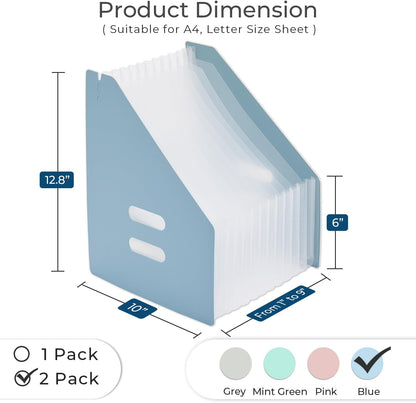 Y YOMA 2 Pack Expanding Magazine Holder with 13 Pockets | Portable Desktop Plastic Self Standing Accordion File Organizer for A4 Letter Size Document Storage Home Office School, Blue