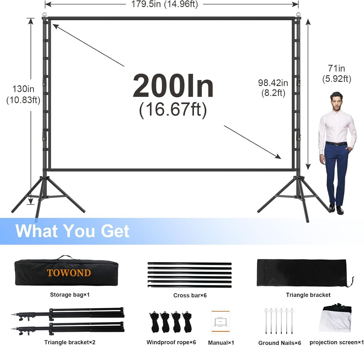 Outdoor Projector Screen with Stand, TOWOND 200 Inch Portable Projection Screen - Dual-Sided 16:9 4K HD Movie Screen, Wrinkle-Free Design & Carry Bag for Backyard Cinema