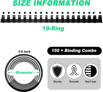 Yunsailing 150 Pack Plastic Binding Combs Plastic Binder Comb Ring 19 Ring Binding Spines Letter Size Spiral coils for Notebook Calendar(1/4 in,Black)
