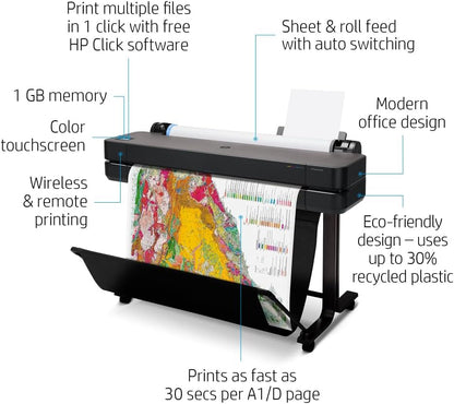 HP DesignJet T630 Large Format 36-inch Plotter Printer, with Auto Sheet Feeder, Media Bin & Stand (5HB11D) - New Model
