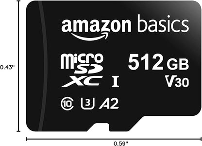 Amazon Basics Micro SDXC Memory Card with Full Size Adapter, A2, U3, Read Speed up to 100 MB/s, 512 GB, Black