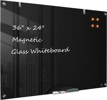 TSJ OFFICE Glass Dry-Erase Board - 36 x 24 Inches Wall Mounted Black Glass Magnetic Whiteboard, Frameless Large White Board for Office, Home & School