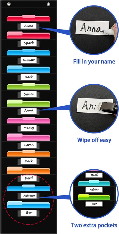 REGELETO 12 Pockets Storage Pocket Chart with 12 Nametag Pockets,Hanging Wall File Organizer for Classroom and Office, Organize Your Assignments, Files, Scrapbooks, Paper (Black)