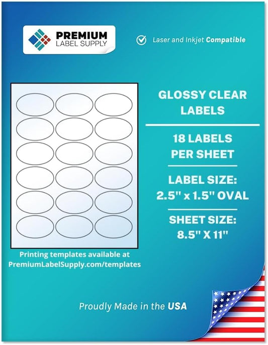 Premium Label Supply Glossy Clear Sticker Oval Labels – 2.5" x 1.5" Oval – Laser/Inkjet Compatible – (18 per Sheet), 1000 Sheets – 18,000 Total Adhesive Labels