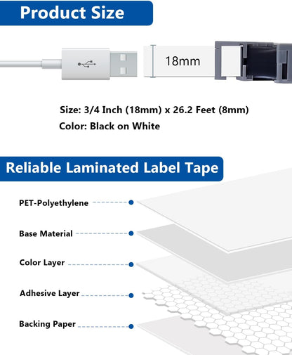 18mm 0.7" Tape Laminated White Compatible with P Touch Label Tape TZe-241 TZ241 TZe241 Refills for Ptouch PT-D410 PT-D400 PT-D600 Label Maker (Black on White, 3-Pack)