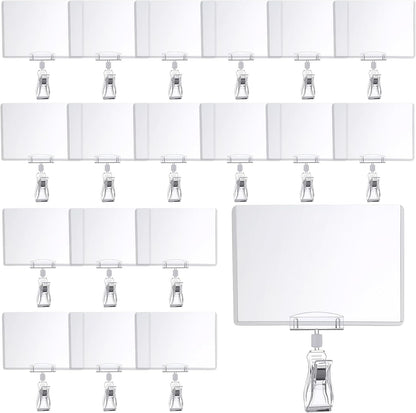 Epakh 20 Pieces Sign Clips Rotating Price Tag Clip Swivel Sign Holder for Handrails or Tubes with 20 Pieces Hard Card Sleeves PVC Card Protector for Shelves Store Supermarket(Sector Style)