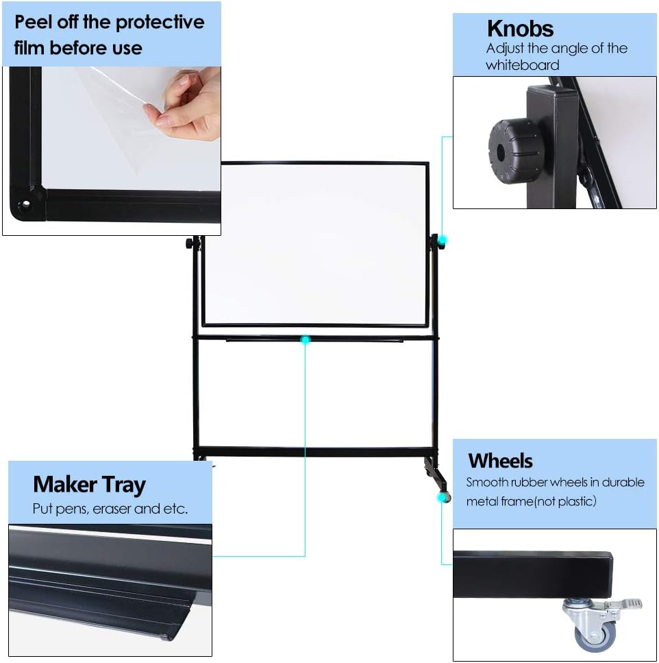 XIWODE 36x72 Large Magnetic Dry Erase Whiteboard with Stand - Double-Sided Freestanding Rolling Board, Flippable Design for Writing & Display, Black Frame for Office, Classroom, Home
