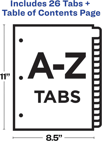 Avery A-Z Tab Dividers for 3 Ring Binder, Customizable Table of Contents, Multicolor, 1 Set (11125)