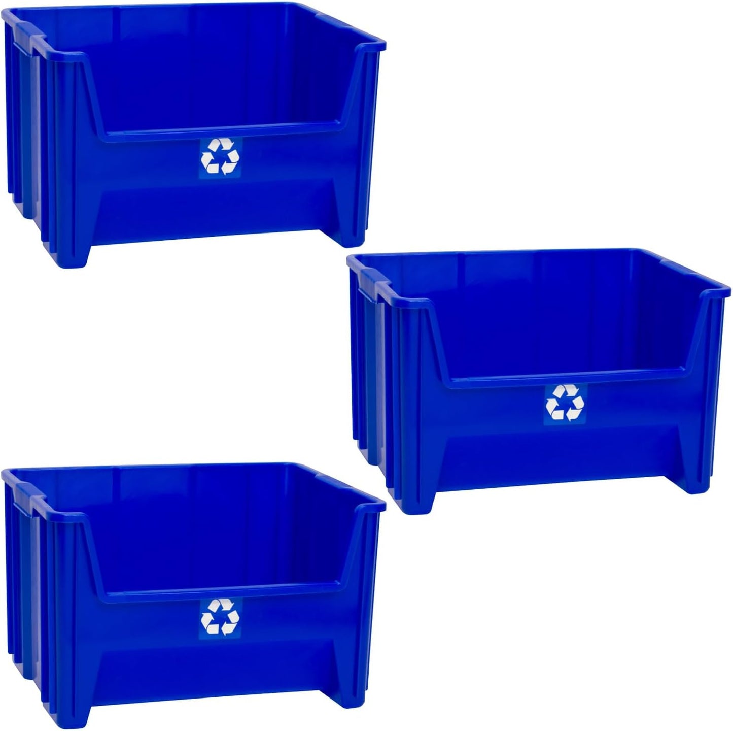 Commercial Industrial Heavy Duty Stackable Open-Front Recycling Bin Box Containers, 12.5 Gallon (Pack of 3), Blue