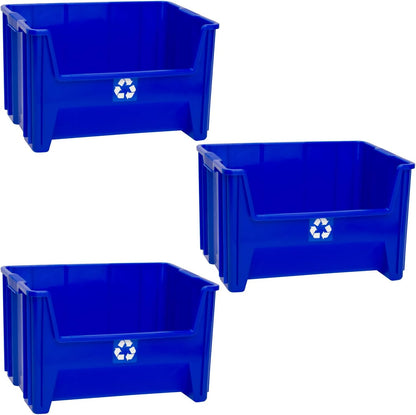 Commercial Industrial Heavy Duty Stackable Open-Front Recycling Bin Box Containers, 12.5 Gallon (Pack of 3), Blue