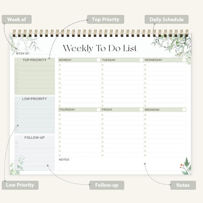 Weekly To Do List Notepad, Undated Planner with 52 Sheets (8.5''x11''), Desk Weekly Planner for Women & Man, Home School & Work