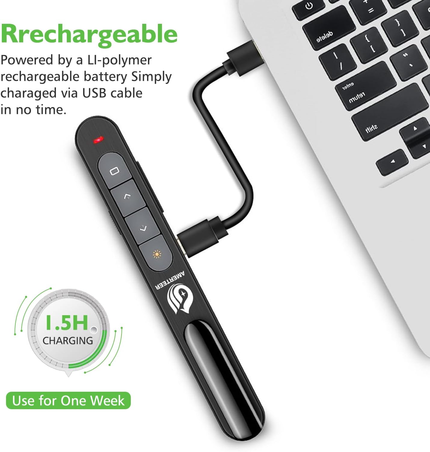 AMERTEER Wireless Presentation clicker for Powerpoint Presentations, Green Light Rechargeable Powerpoint Clicker with Laser Pointer Support Hyperlink RF 2.4GHz (1 PCS)