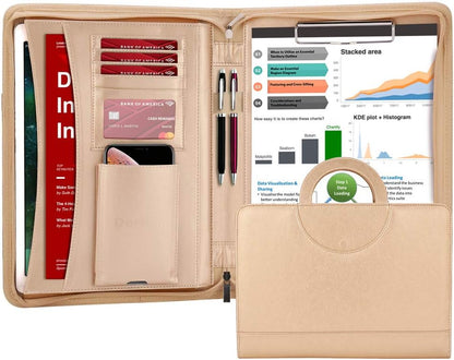 Darolin Zippered Leather Padfolio Portfolio with Hidden Handle and Clipboard, Business Conference Organizer Notepad Folder, Portfolio Bag, Padfolio for Women/Men (Gold)