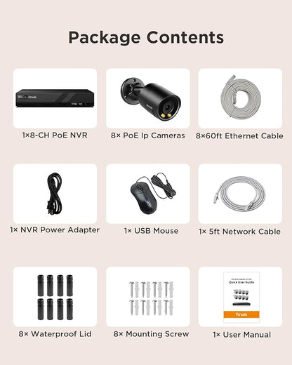 Security Camera System PoE, 8X 4MP Wired Bullet IP Cameras Outdoor Built-in Microphone, AI Human Vehicle Detection, 5MP 8CH NVR with 2TB HDD, Smart Color Night Vision, PB38F30808-4MD(Black)