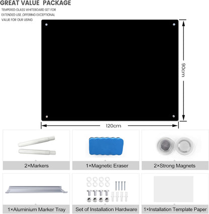 Magnetic Glass Whiteboard 48" x 36" Dry Erase Board Frameless Premium Tempered Galssboards Wall Mounted Glossy writeboard with Eraser, Marker Tray for Interactive Office, (Black)