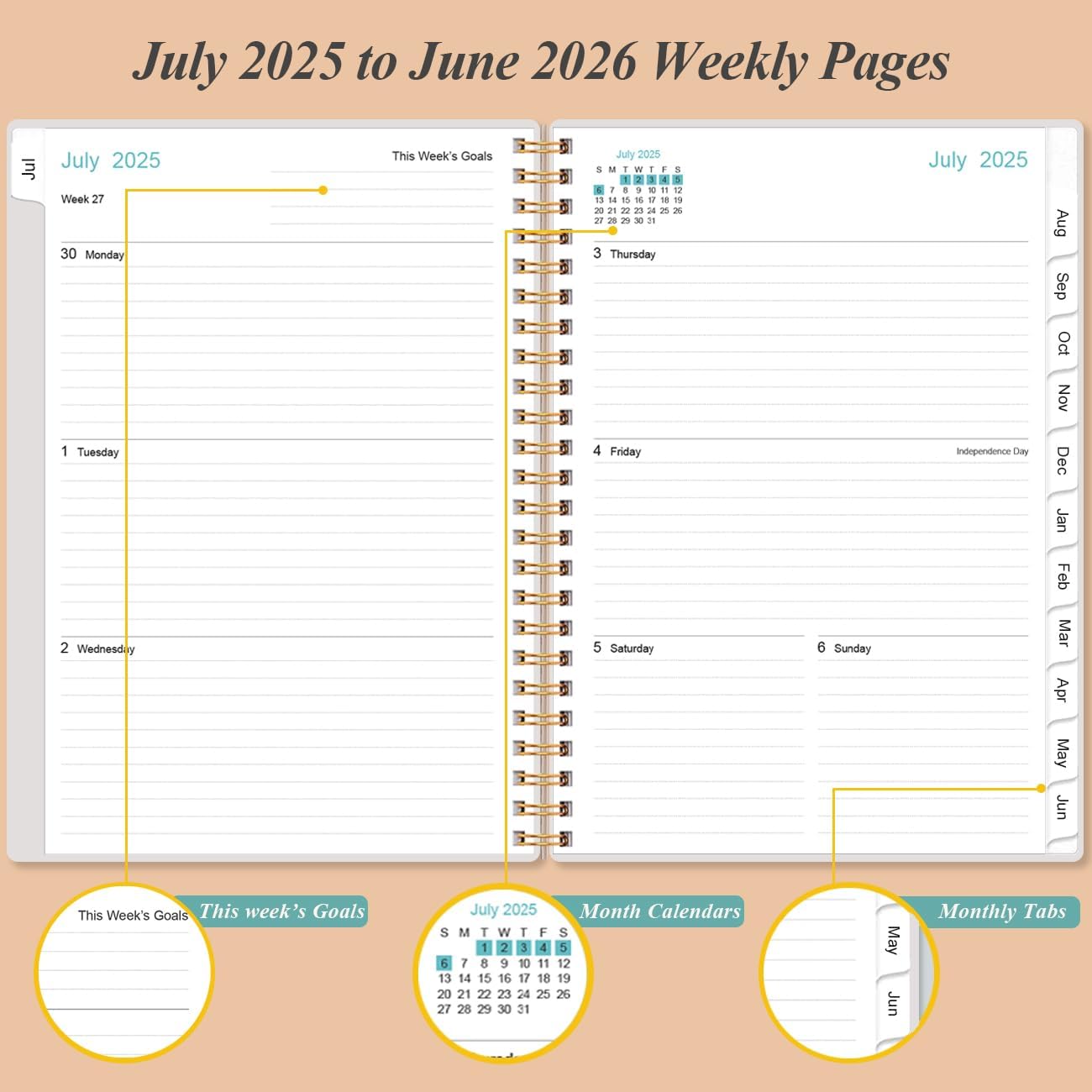 2025-2026 Planner - Academic Planner 2025-2026 from July 2025 - June 2026, Weekly & Monthly Planners Spiral Bound with 12 Monthly Tabs, Inner Pocket, 6.4" x 8.5", Rose