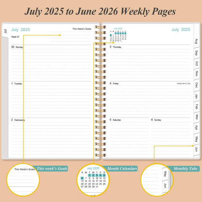 2025-2026 Planner - Academic Planner 2025-2026 from July 2025 - June 2026, Weekly & Monthly Planners Spiral Bound with 12 Monthly Tabs, Inner Pocket, 6.4" x 8.5", Rose