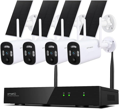 xmartO WiFi 6 Long Range Wire-Free Solar Home Security Camera System Wireless, 4-Set 4MP QHD CCTV Camera Kit with 4K 10CH Expandable WiFi NVR(Suitable for Indoors/Outdoors)