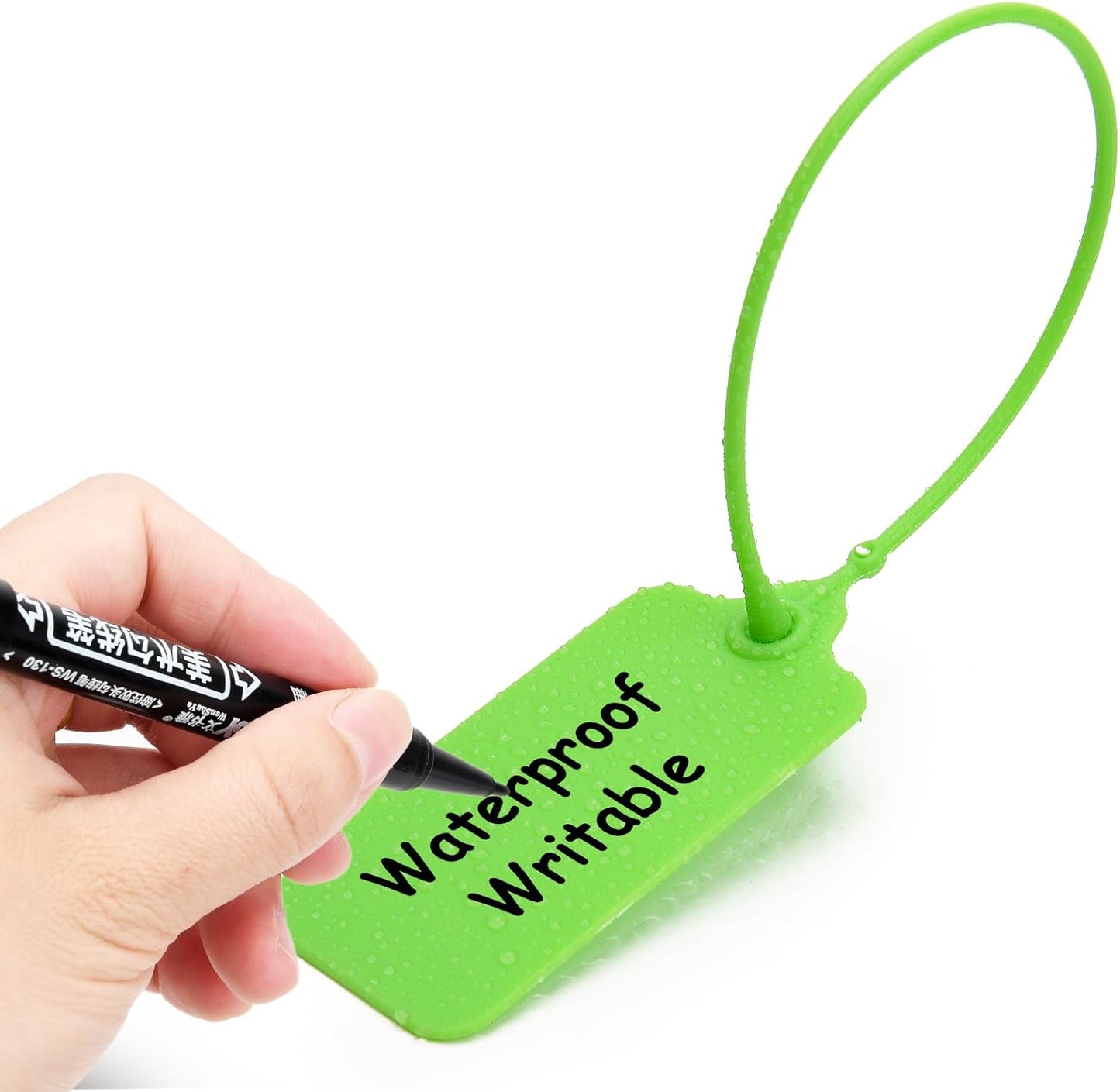 100 Green Blank Plastic Tags for Labeling Waterproof Hanging Labels Writable Tags Seal Plastic Marking Label for Clothes Bags Keys Inventory with One Marker Pen