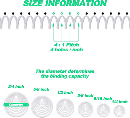 Leinuosen 120 Pack Plastic Spiral Binding Coils Kit Spirals Multi Size Coils for Binding Binder Combs Spines(1/4 5/16 3/8 1/2 5/8 3/4 Inch,White)