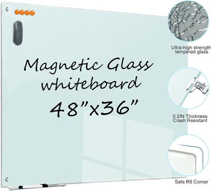 Glass Dry Erase White Board - Magnetic Whiteboard 48"X36" Large Frameless Boards with Super Strong Magnets for Office, School and Home Wall