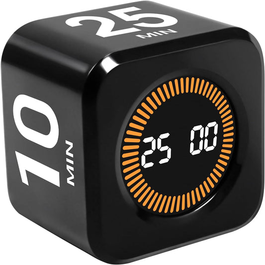 Pomodoro Timer Cube for Productivity — 5/25/10/50 Minutes Preset, Digital Gravity Sensor Desk Visual Timer for ADHD, Silent Mode, Ideal for Office, Study, Kitchen & Kids