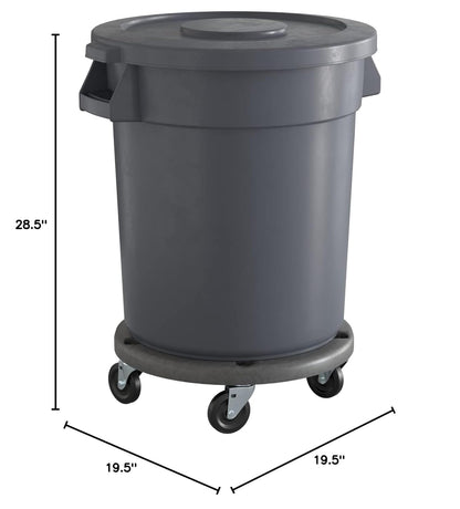 20 Gallon Gray Round Commercial Trash Can with Lid and Dolly