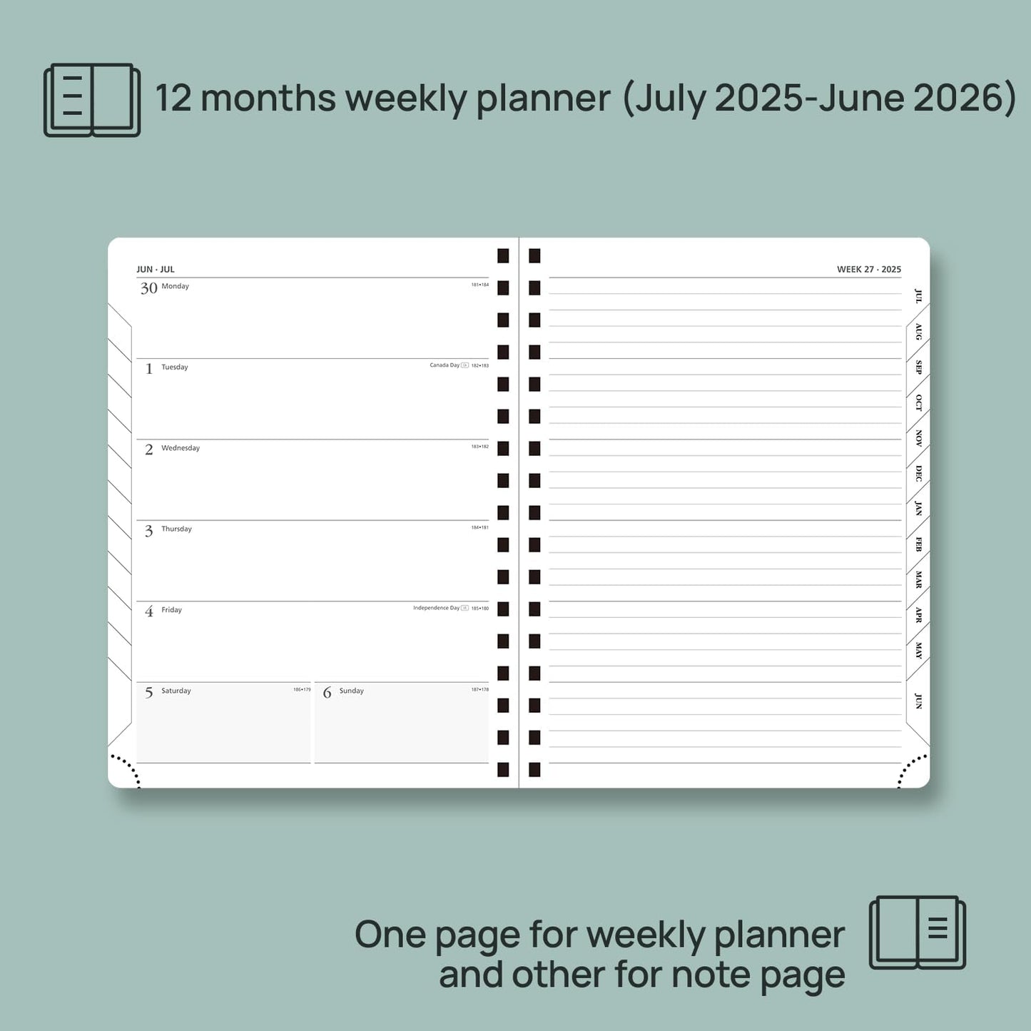 POPRUN Planner 2025-2026 Weekly Notebook (Medium 8.5''x 6.5''), Academic Calendar (JUL.25 - JUN.26) Appointment Book with Monthly Tabs, Spiral Soft Cover, Inner Pocket, 100 GSM - Petrol