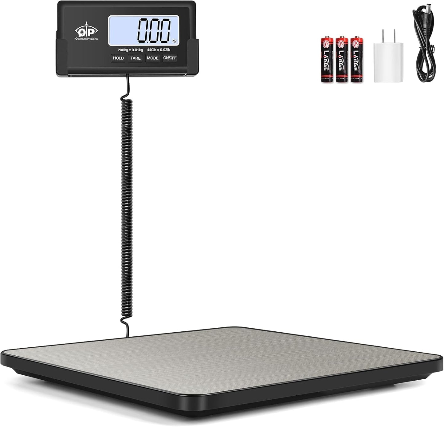 QP Shipping Scale, 440 lb/0.35 oz High Accuracy Digital Postal Scale, Postage Scale, Hold/Tare Function, Auto Off LCD Display, Lightweight Scale for Packages/Luggage/Pet, Battery & AC Adapter Included