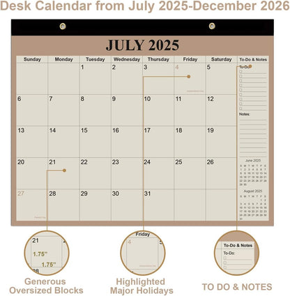 Desk Calendar 2025-2026 - 18 Months Calendar from July 2025 to December 2026, Calendar 2025-2026 with Thick Paper for Office Home School Organizing, 14" X 11", Beige