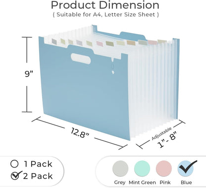Y YOMA 2 Pack Accordion File Organizer with Handle 12 Pockets Expanding File Folder with Removable Tabs for A4 Letter Size Paper Plastic Filing Organizer Document Bill Receipt Holder, Blue