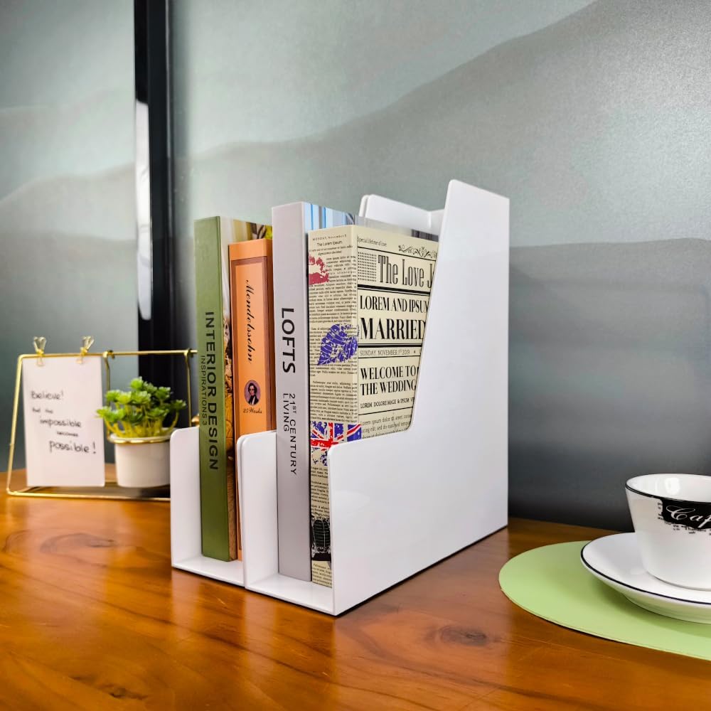 Vertical File Holder, 2 pack Plastic Document Organizer and Magazine Organizer, Multi-purpose Document Organizer for Home Office (White)