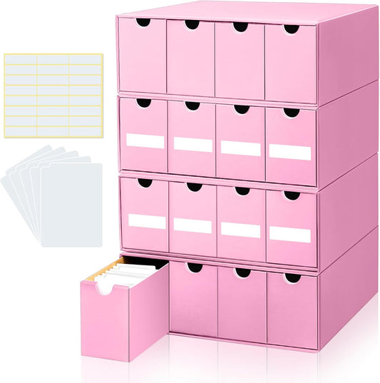 Cholemy Trading Card Storage Box 15000+ with 70 Cardboard Storage Divider, Label Sticker for Collection Compatible with TCG, Sport Cards(4 Row, 4 in A Row,Pink)