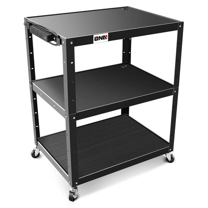 DNA MOTORING 3-Layer Utility Steel AV Cart with Wheels Power Strip, 35" x 25" x 24"-42" Height Adjustable Rolling Projector Cart,TOOLS-00137