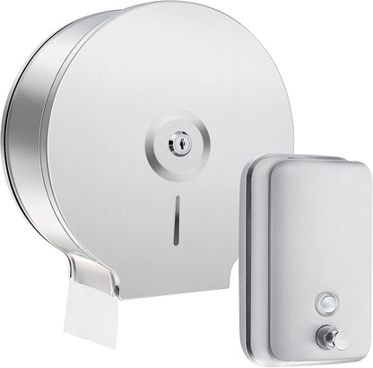 2 Pcs Commercial Soap Dispenser and Paper Towel Dispenser Set with Lock-Stainless Steel,Wall Mount,Large Capacity Manual Liquid Pump Rust Proof Leak Free for Home Bathroom (500 ml,Style 3)