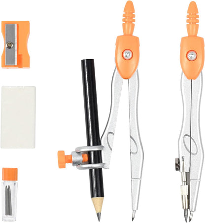 Math Geometry Kit Sets 10 Piece Student Supplies with Shatterproof Storage Box,Includes Rulers,Protractor,Compass,Eraser,Pencil Sharpener,Lead Refills,Pencil,for Drafting and Drawings（Orange）